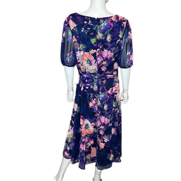 DKNY Short Sleeve V Neck Tie Waist Floral Chiffon Fit And Flare Dress Sz 16 - Picture 4 of 7